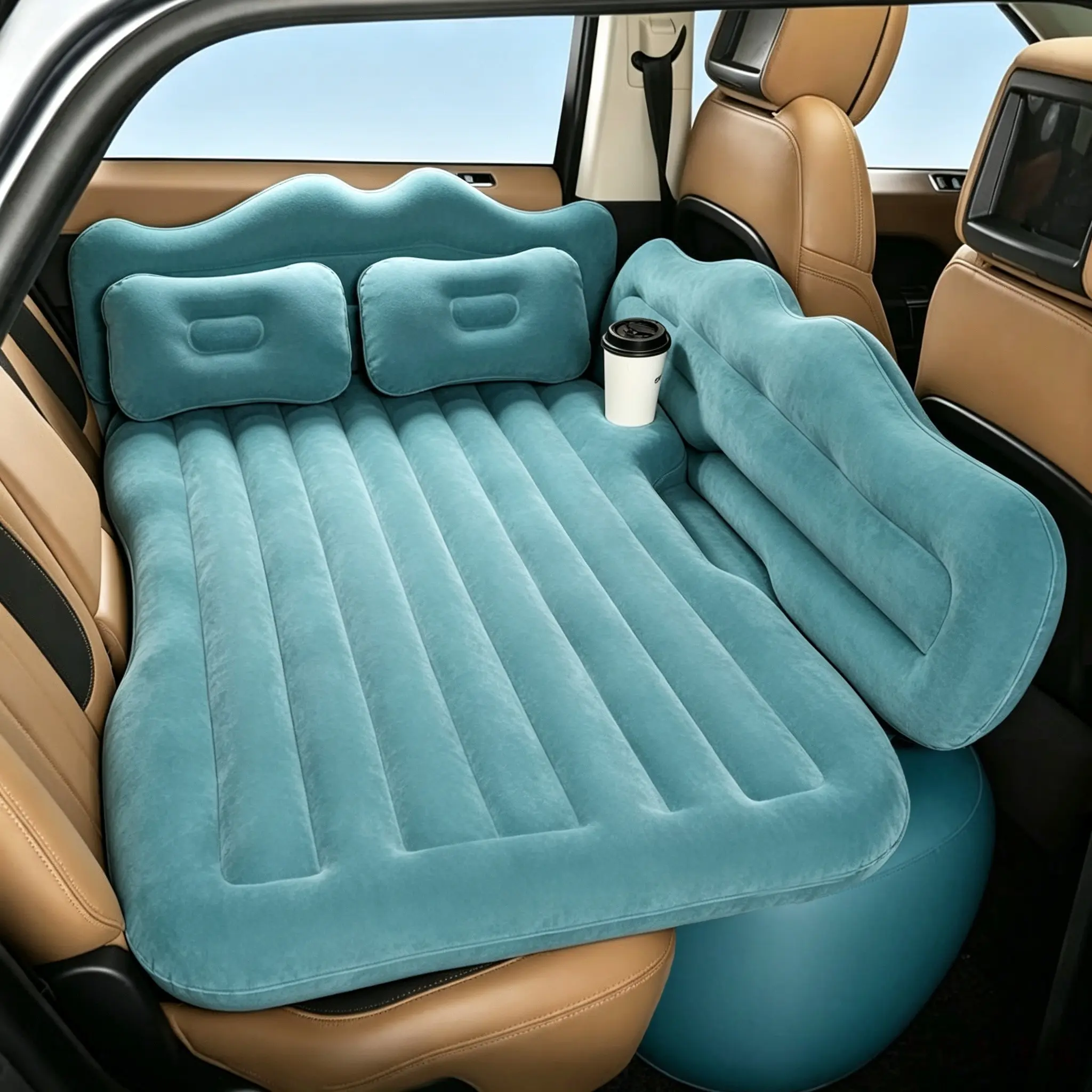 Car air mattress with cup holders and 2 inflatable pillows, flocked portable travel bed for cars, suitable for sedans, SUVs, and MPVs, camping and road trip rest bed, leak-proof thickened design, with drink storage slot (comes with an air pump)