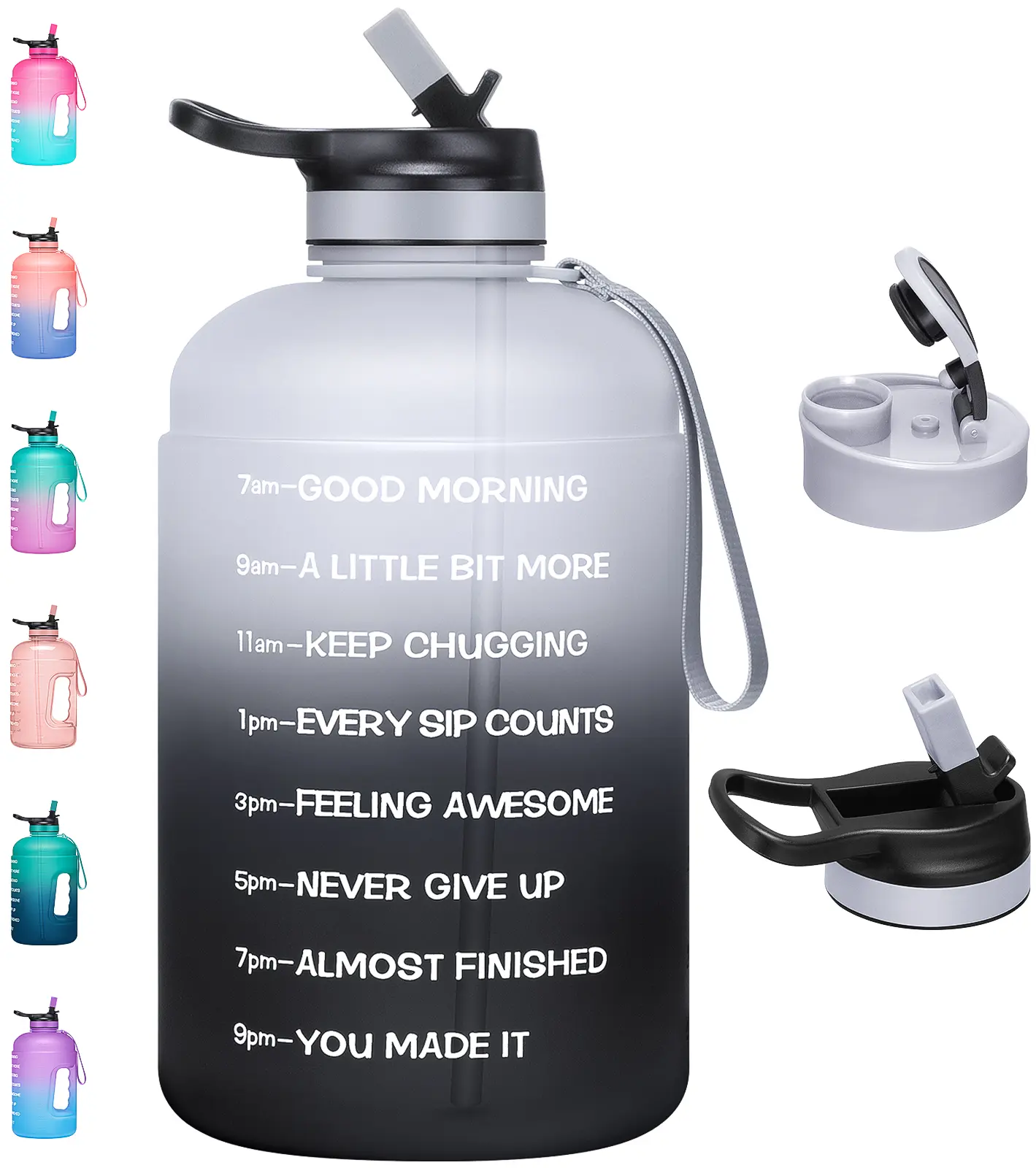 74oz Large Leakproof Reusable Sports Water Bottle - 2 Lids (Chug, Straw), Time Markers, Built-in Handle, Helps Drink Your Water for Workouts, Outdoor Activities, Polypropylene, Leakproof Seal