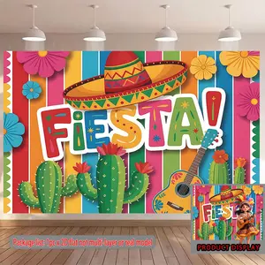 Summervibes 1pc 2D Flat Mexican Fiesta Banner, Polyester Hanging Decor with Sombrero & Cactus, Vibrant Multicolor, Suitable for Cinco De Mayo, Mexican Carnival, Birthday Party (Background Wall, Photo Prop)