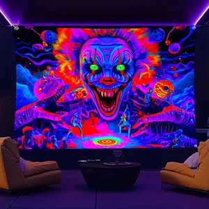 1pc Mysterious Terrifying Clown UV Glow Tapestry - Psychedelic Cosmic Horror Art Print, Premium Polyester Wall Hanging for Living Room, Dorm, Outdoor Party Decor - No Power Needed, Hand-Stitched Edges, Wrinkle-Resistant, Clown Decor