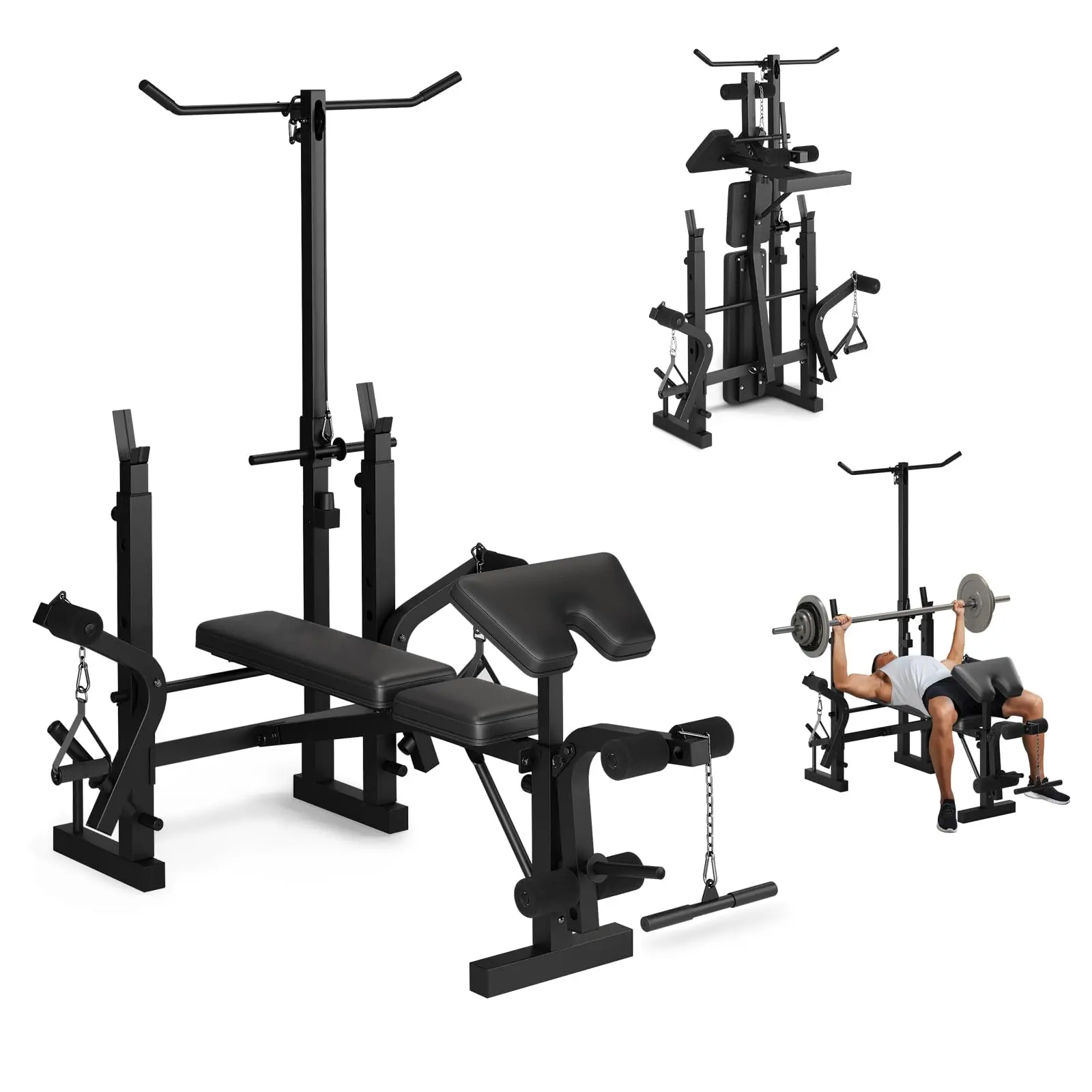 Garvee 7-in-1 Adjustable Weight Bench Set with 4-in-1 Design - 900 lbs Capacity, Squat Rack, Leg Extension, Preacher Curl Pad, Collapsible Flat/Incline Bench for Home Gym Chest, Arms Weight Lifting