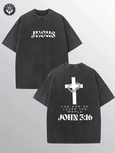 1pc Heavyweight Christian T-Shirt - Jesus Saved Me Back Print (John 3:16) - Vintage Religious Streetwear Tee - Beige with Black Lettering - All-Season funny  shirt