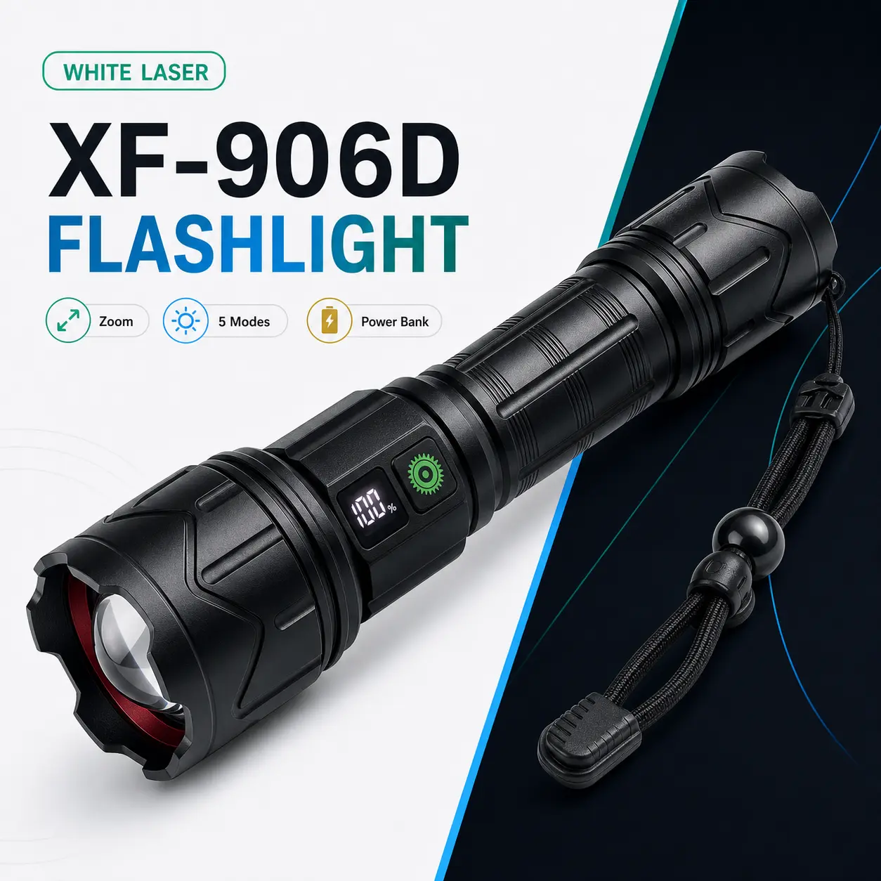 High Lumens Laser Flashlight Torch Light, Type-C Rechargeable Adjustable LED Torch Light, 5 Modes, 1000m Beam, Power Bank Function, Aluminum Body Portable Outdoor Lighting Solution for Camping Hiking Emergency, Adjustable Led Torch Lights, Laser Flashligh