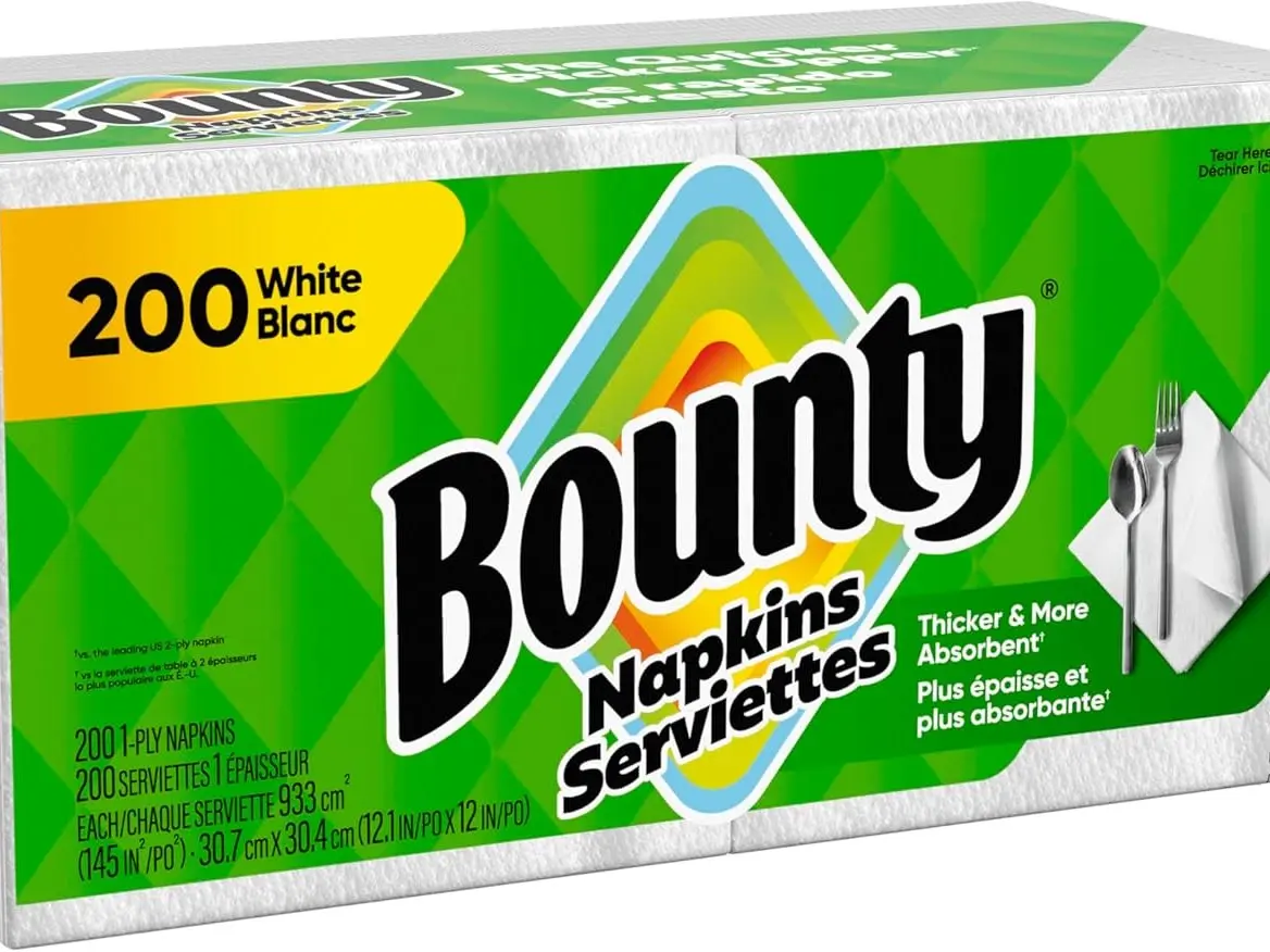 Bounty Quilted 1-Ply Napkins 200 Pack 12.1 x 12 White Absorbent & Premium Quality for Everyday Use & Special Occasions