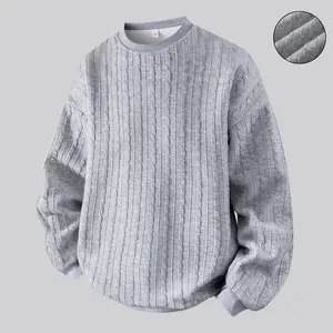 Men's Cable Knit Round Neck Long Sleeve Top - Relaxed Fit, Striped, Cozy Knitwear for Everyday Casual & Leisure Hangouts