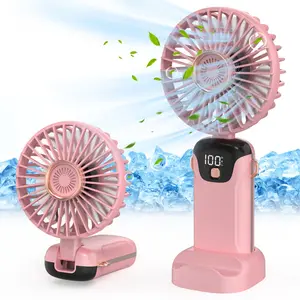 Portable Handheld Fan, Multifunction Rechargeable Fan, USB Rechargeable Fan with LED Display, 90° Foldable Desk Fan with Base, 5-Speed Lash Fan Makeup Fan for Women