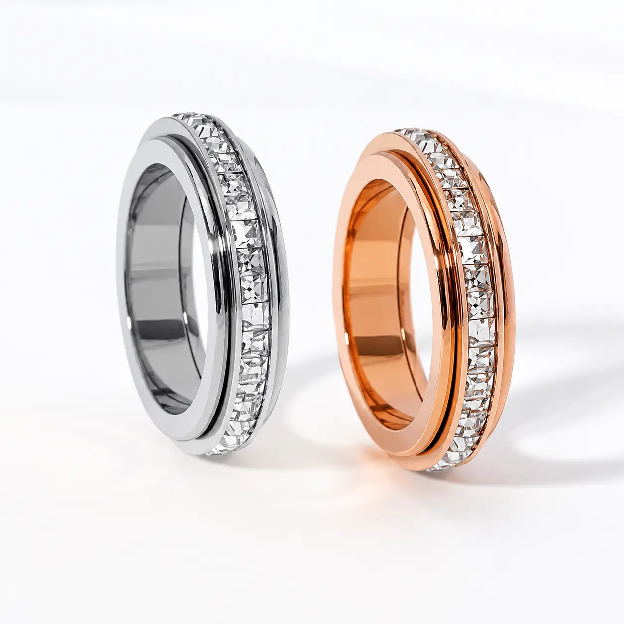Anxiety Rings for Women and Men Titanium Steel Spinner Fidget Band Rings with Cubic Zirconia for Stress Relief and Wedding Promise Comfort Fit Size 6 to 9