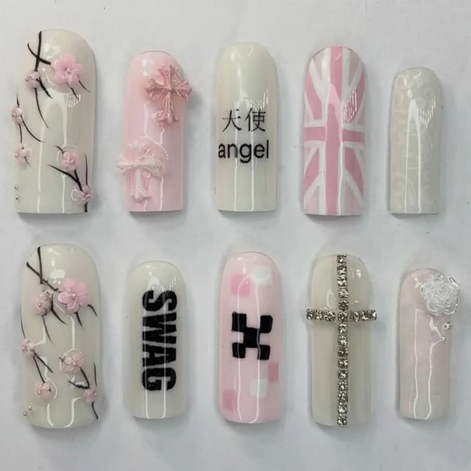 White Pink Angel Swag Press On Nails, Y2k 3D Floral Pink Angel Nail Set