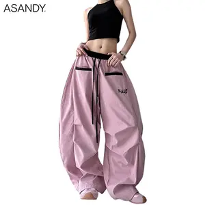 ASANDY Y2K Pink Plaid Oversized Baggy Pants Women High Street Aesthetic Wide Leg Trousers Fashion Casual Dance Streetwear