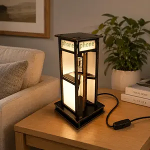 Retro London Phone Booth Wooden Table Lamp - Warm-Light Home Decor Night Light for Bedroom, Living Room