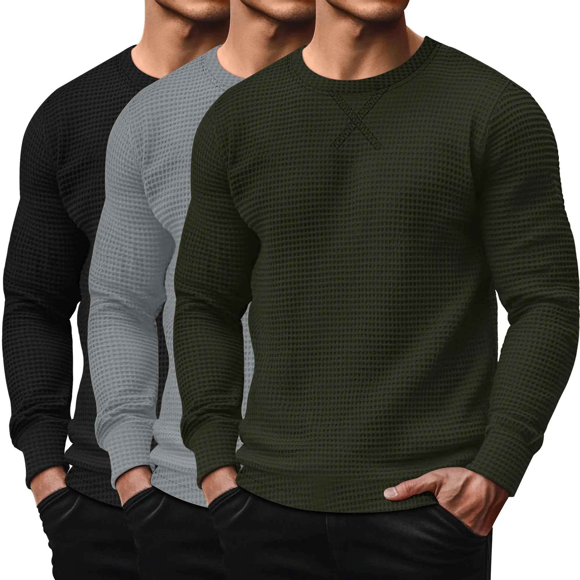 Gihuo Men's 3 Pack Waffle Knit Thermal Shirts, Lightweight Pullover Sweaters, Long Sleeve Crew Neck Textured Tops, Casual Layering Shirts for Fall Winter