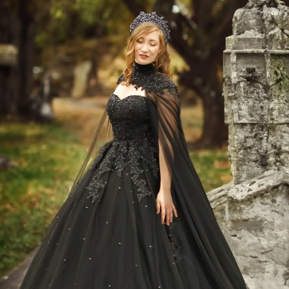 Full ALine Wedding Dress Gothic Black Bridal Gown Sleeveless Strapless Klyah Design
