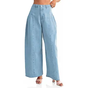 PiePieBuy Women's High-Waist Comfortable Wide-Leg Denim Trouser - Solid Ultra Baggy Baggy Fit Jeans with Side Pleats, Chic for Tees and Blouses
