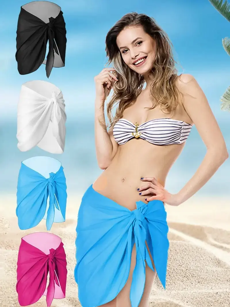 4pcs Quick-Drying Women's Swimwear and Accessories - Semi-Transparent Gauze Skirt, Beach Bikini, Bottom Cover up Short Skirt, Cover Ups for Swimwear, Multiple Seasons, Solid Color