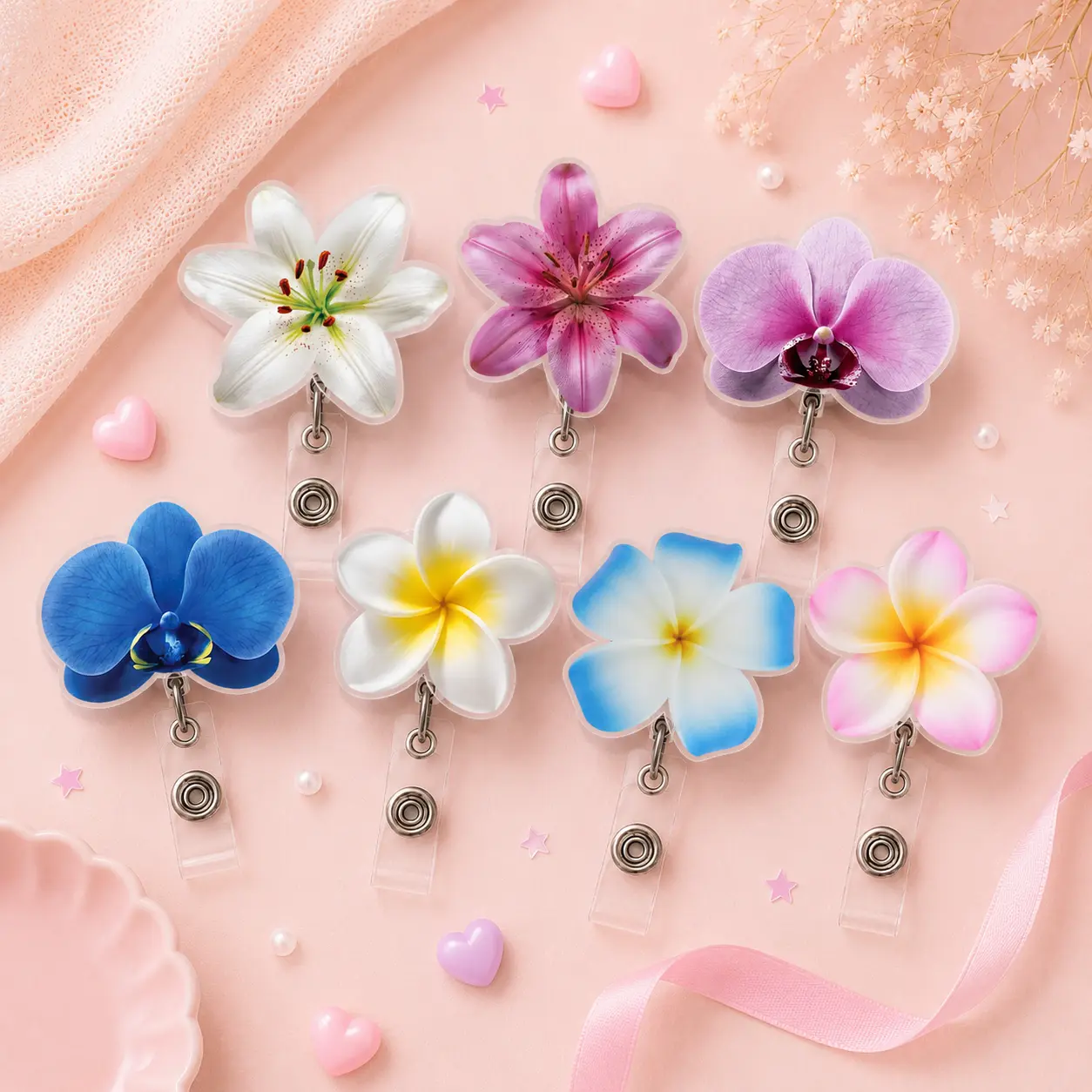 Cute Flowers Badge Reel, Orchids ID Badge Holder, Kawaii Floral Nurse Badge Clip, Botanical Office Accessory, Teacher Name Tag, Fall Nature Lover Gift, Autumn Vibes Gift