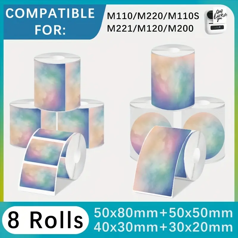 8 Rolls Self Adhesive Thermal Paper Roll Labels, Multi-Size Colorful Stick-On Labels & Stickers for M Series Printers (M110, M220, M110S, M221, M120, M200) – Ideal for Small Business Gift Packaging, Jars & Bottles