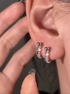 Women's Fashion Stainless Steel Earrings with Artificial Zircon C-Shaped Studs, Punk Piercing Daily Accessory, Unisex Jewelry