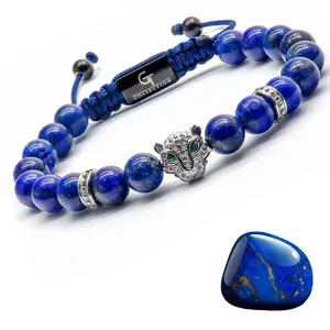 GT Collection Men's Lapis Lazuli Bracelet with Silver Leopard Head Adjustable Macrame Knot Spiritual Protection Jewelry 8mm Beads
