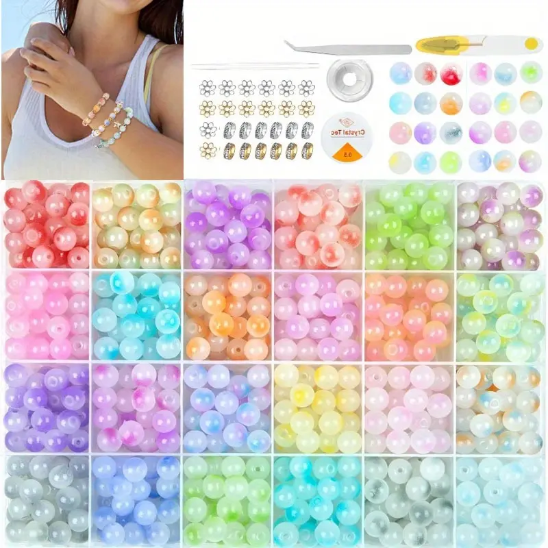 700Pcs Glass Beads for Jewelry Making, 24 Color 8mm Glass Crystal Beads Friendship Bracelets Making Kit for DIY Earrings Necklaces Rings