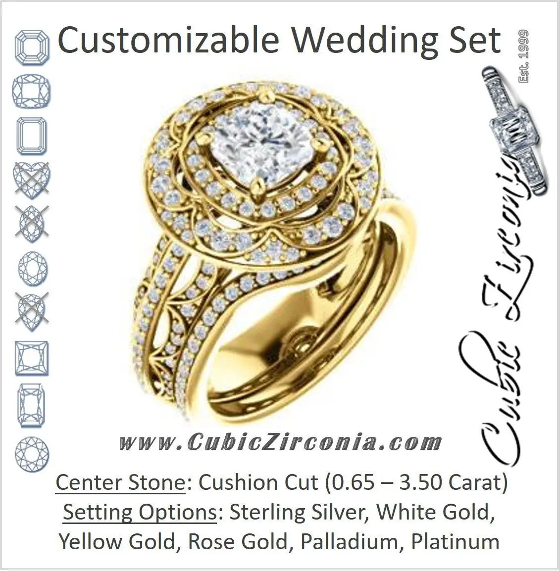 CZ Wedding Set, featuring The Violet engagement ring (Customizable Cushion Cut 2x Halo Blossom Setting with Intricate Triple-Row Pavé Split Band)