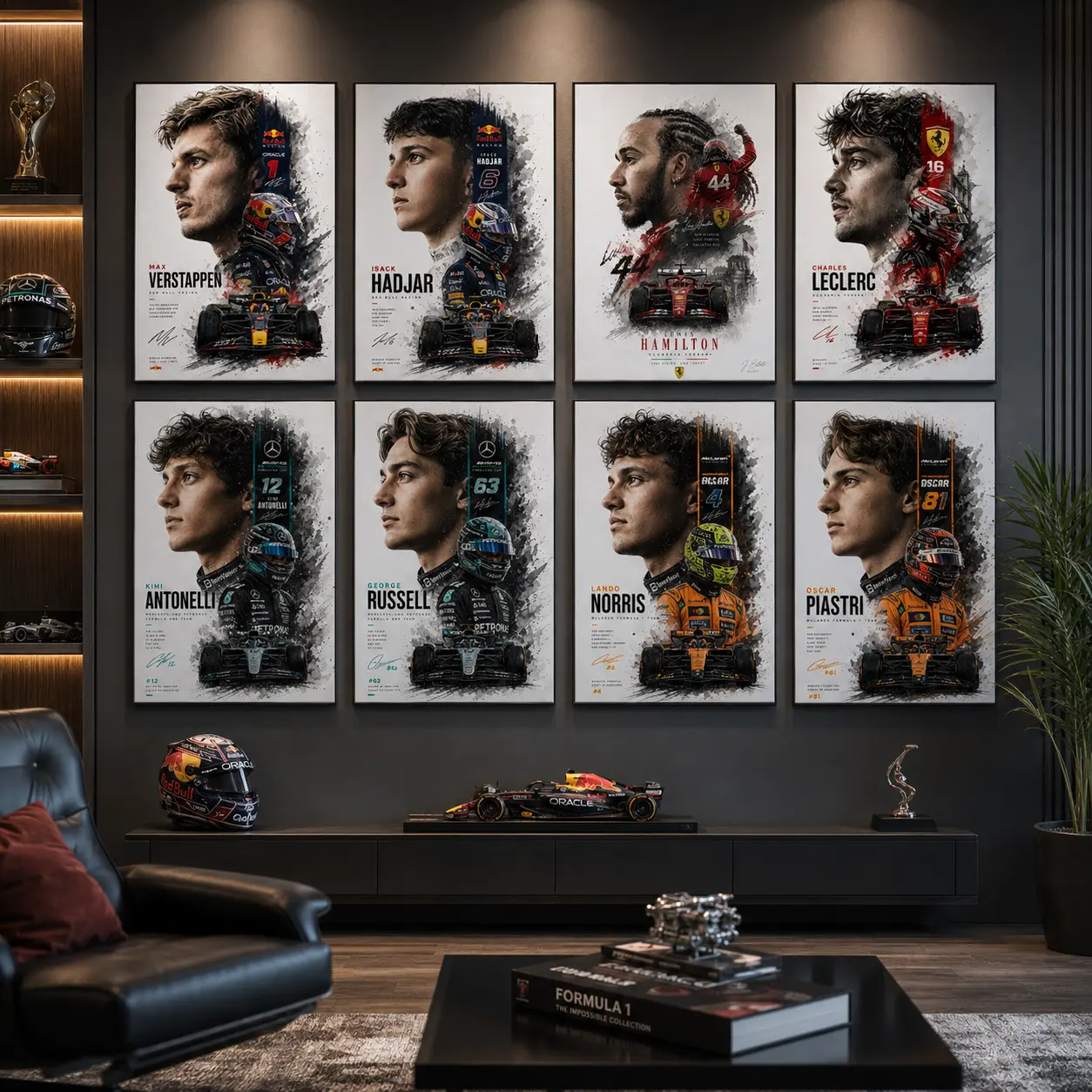 Grunge Splash Ink Formula 1 Drivers Vertical Canvas Wall Art - Motorsport Portrait Print with Max Verstappen, Lewis Hamilton & More, UV Anti-Fade Helmet/Race Car Mock Signature Poster, Birthday Gift Ideas Wall Decoration