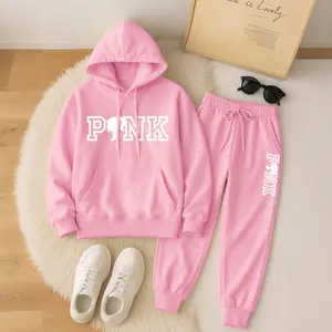 Women's Pink Girl Print Hoodie And Drawstring Track Pants Set, Casual Sportswear, Long-Sleeved Hooded Jacket And Pants, Suitable For Autumn And Winter, Everyday Wear, Indoor And Outdoor Sportswear, Casual Sportswear