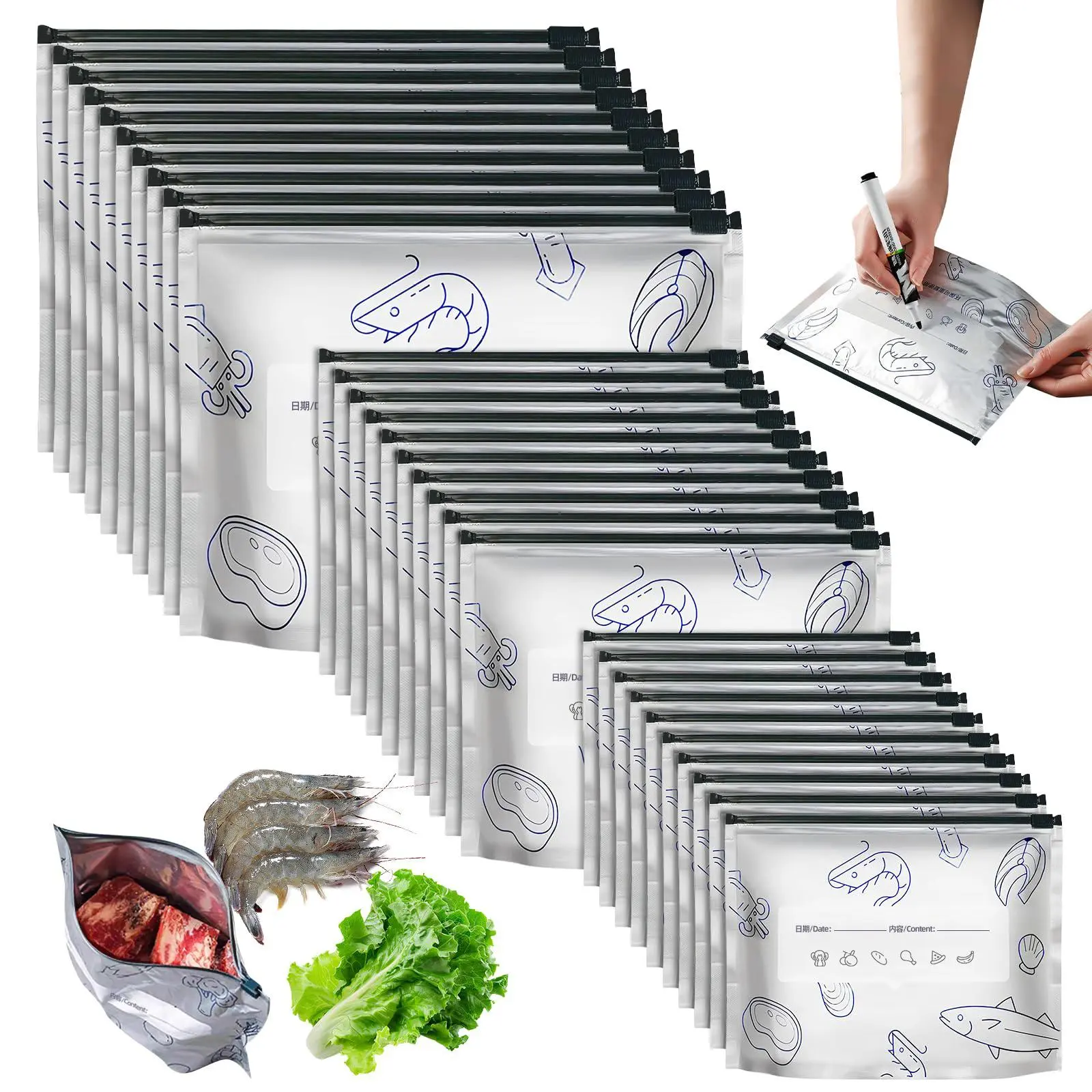 (Refrigerated Food) Reusable Aluminum Foil Sealable Storage Bags, 2026 New Resealable Vacuum Zipper Pouches for Food, Stand Up Foil Sealable Bags with Label and Zip Lock for Vegetable Fruit Meat