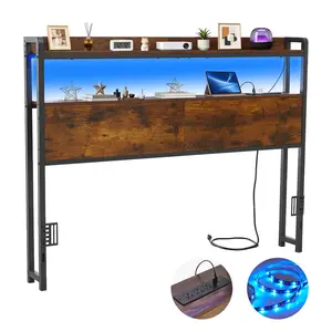 【FathersDayGift】VEVOR Full Size Furniture-Style Headboard, Carbon Steel Frame with 2 Storage Shelves, LED Light, 3 Outlets, 3 USB Ports, Charging Station, Adjustable Height, Sturdy Black Indoor Bed Headboard, Furniture-Style Headboards