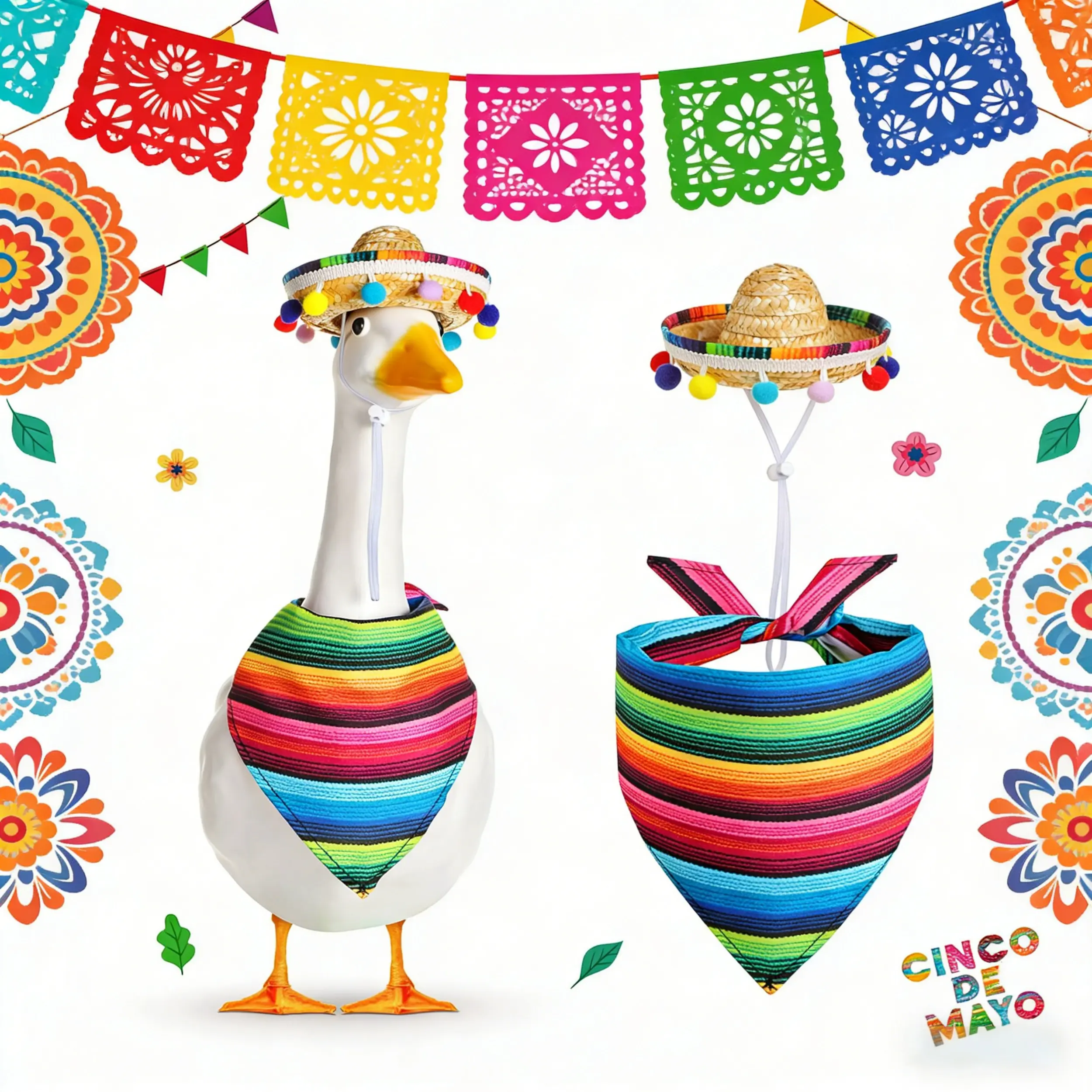 Mexican Fiesta 2-Piece Cloth Outfit Set with Sombrero, Bandana Scarf Strap, Fits 17"/23" Lawn Statues, Holiday Outdoor Garden Patio Decor (Goose Statue Not Included), Outdoor Decor