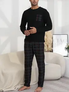 Men's Two-Piece Home Set, Spring & Fall Winter Sleepwear, Round Neck Casual Comfortable Fitted Long Sleeve Pants, Checked Plaid Print, Pajama Set
