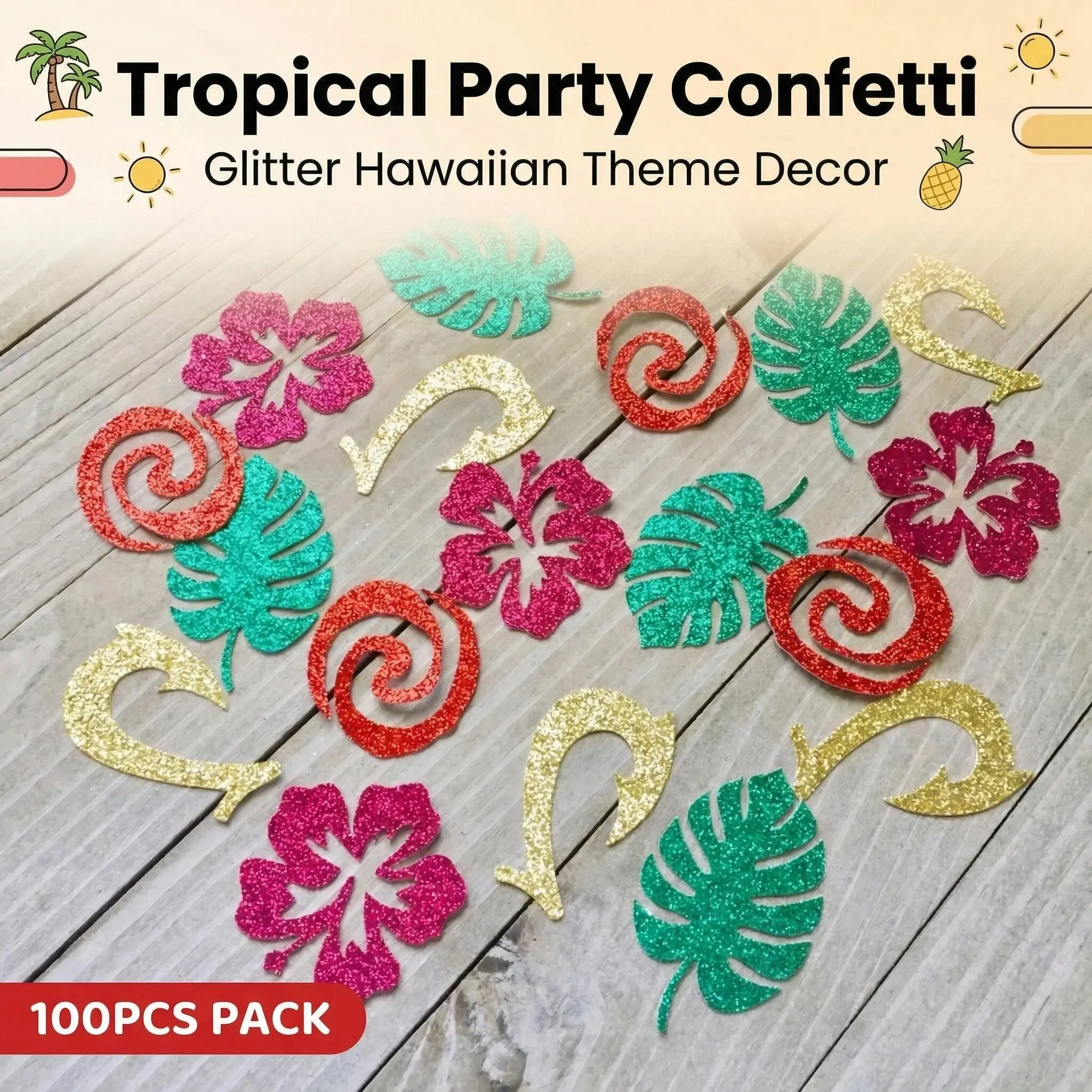 100 Tropical Flower Confetti, Sparkling Glitter Cut Out, Birthday Party Decorations, Hawaiian Theme Party Supplies, Summer Beach Party Essentials