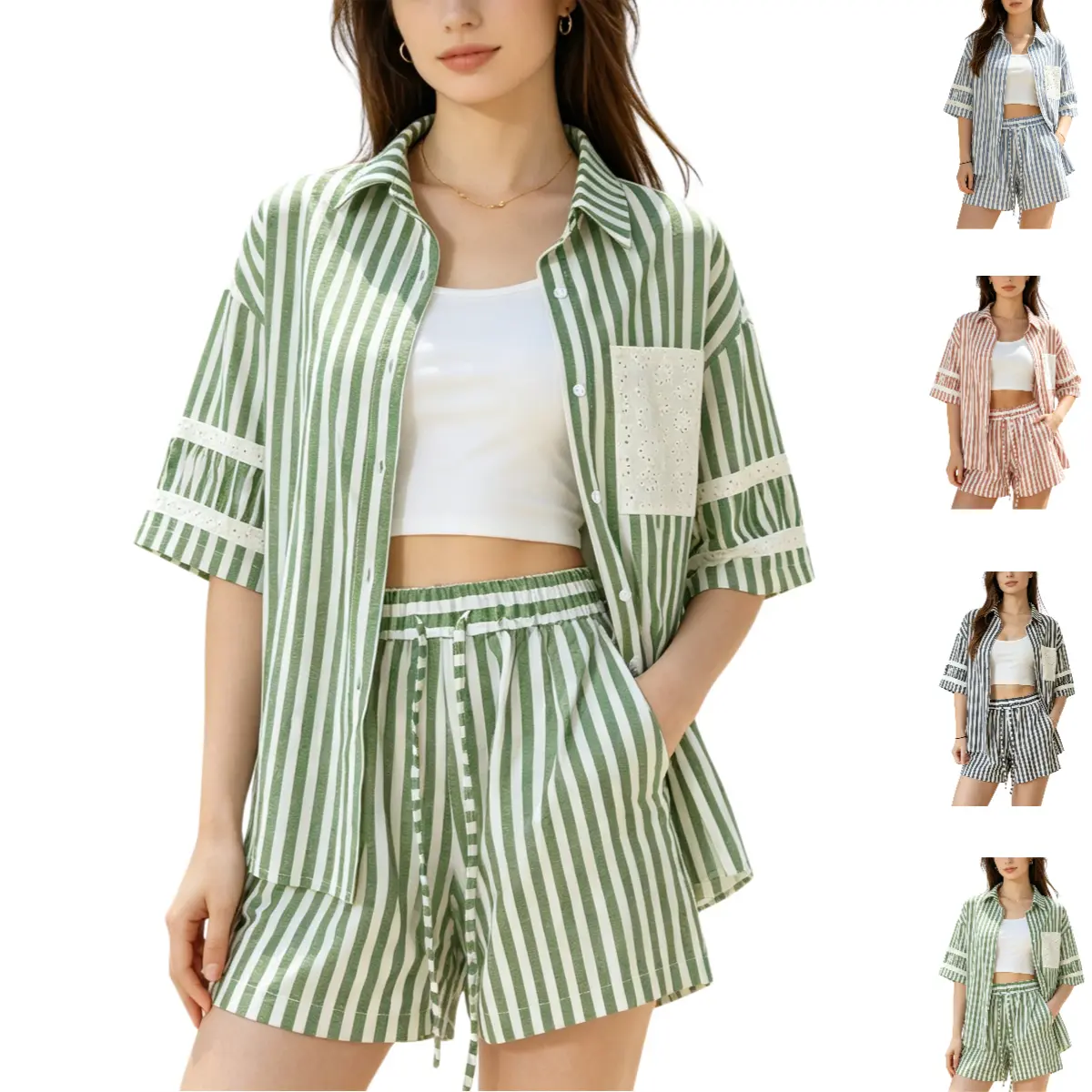 Tanming 2 Piece Lounge Set for Women Stripe Short Sleeve Tee Shirts Shorts Casual Summer Loungewear Shorts Sets Elegant Ladies Outfit