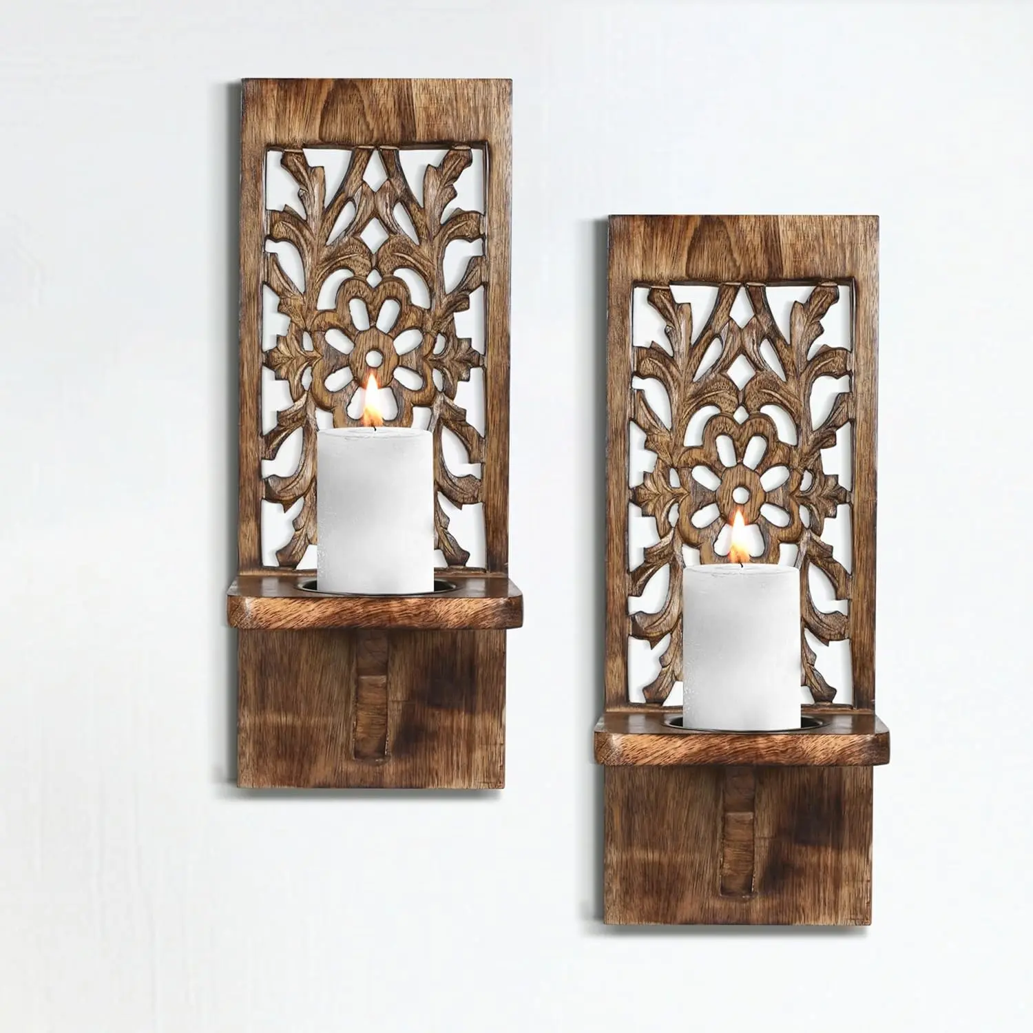 Farmhouse Style Wall-Mounted Candle Sconces Set of 2, 16-Inch Hand-Carved Burnt Antique Wooden Candle Holders for Living Room, Bedroom Wall Décor
