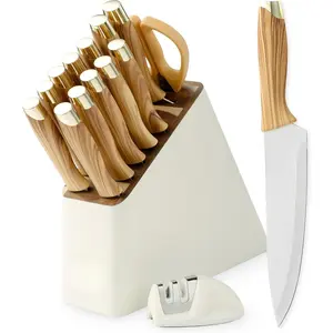 Knife Block Set, Kitchen Knife Set with Sharpener, German Stainless Steel Gold Knives Set with Block and Ergonomic Wood Grain Handle, Ultra Sharp Cooking K