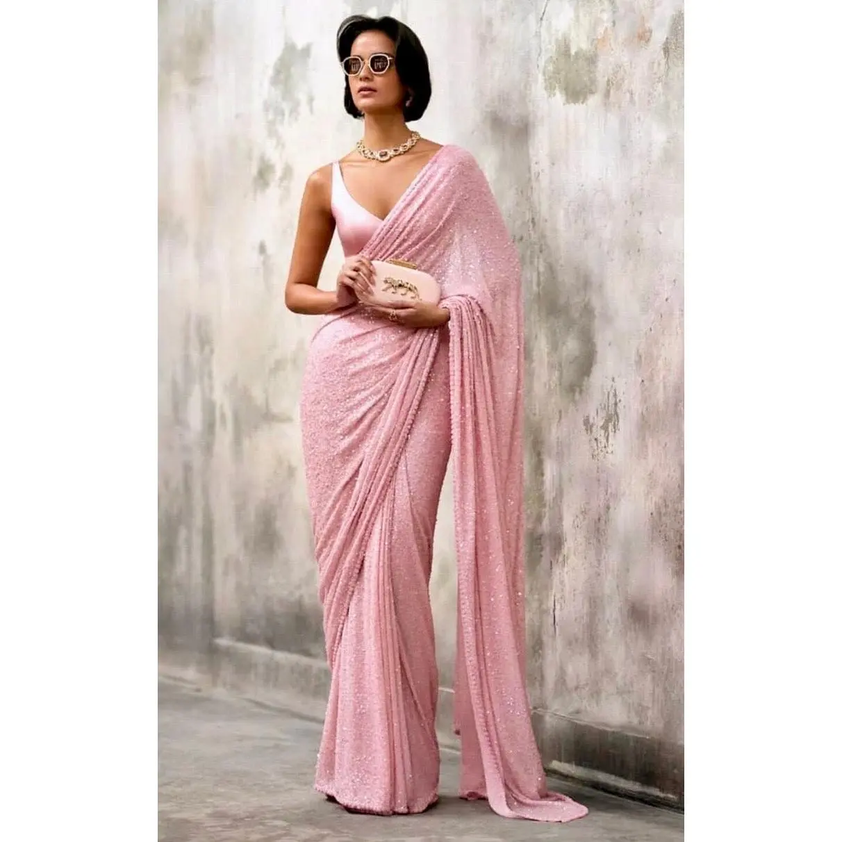 Women's Premium Plain Silk Saree - Bollywood-Inspired, Heavy Sequins Embroidery, Cutwork Lace Border, Soft Drape, Pastel Shades, Unstitched Silk Blouse, Cocktail & Wedding Wear