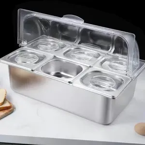 CNCEST Buffet Food Display Tray 6-Pan Stainless Steel Serving Station with Clear Roll Top Cover (Hot/Cold Water Base) for Restaurants & Catering Insulated Modern Containers Stackable Lunch Container