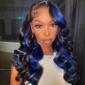 Funky Colored Wigs | Highlight Blue Body Wave Transparent Lace Front Color Wigs Glueless Human Hair wigs