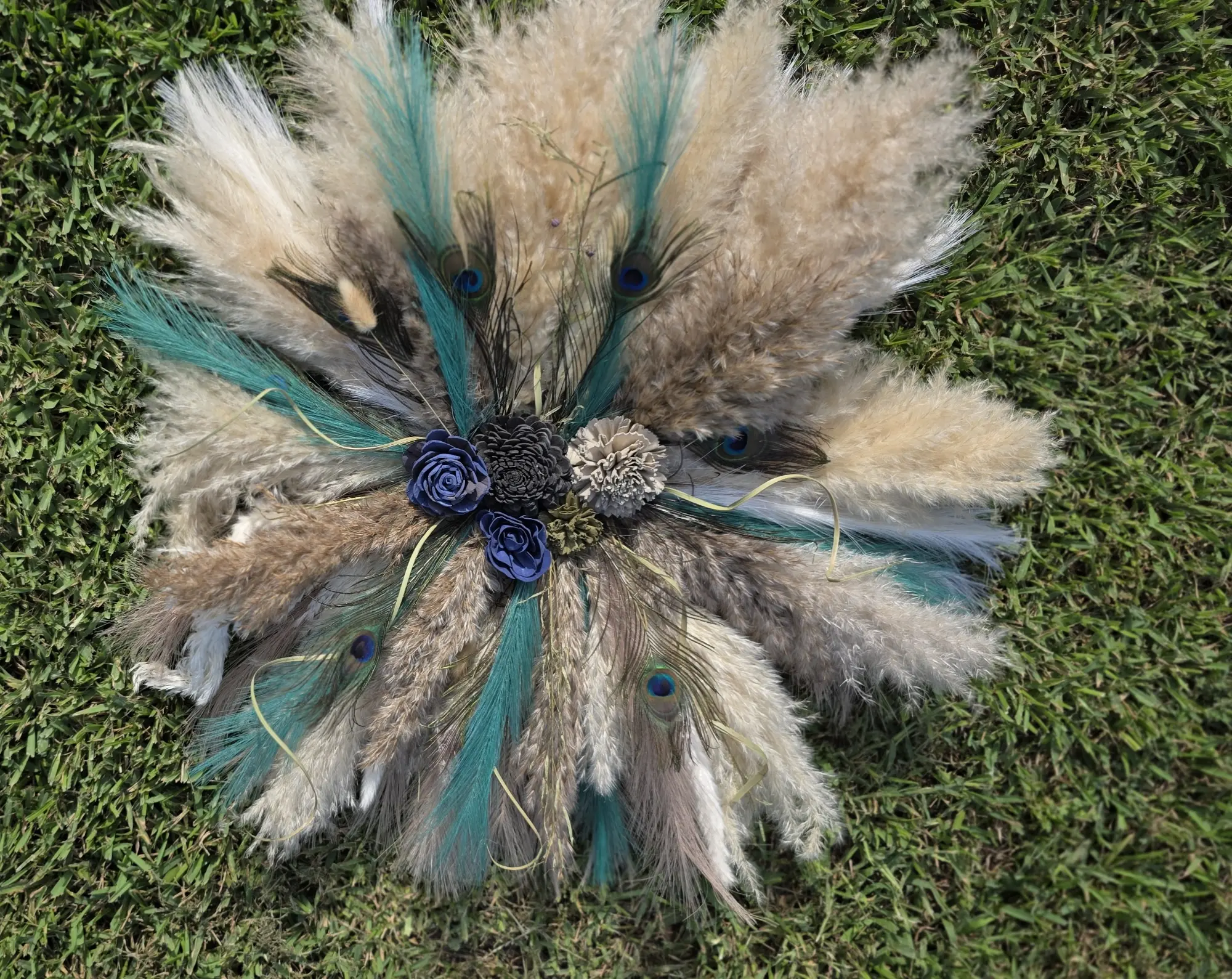 Boho Pampas Grass Wall Hanging with Wood Flowers Rustic Afeather and Dried Flower Decor Natural Wreath Alternative for Home Decor