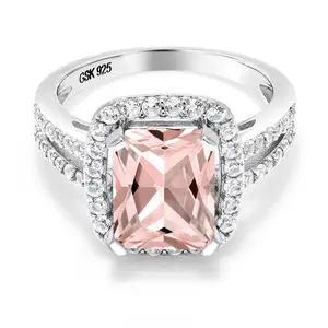 Gem Stone King 3.82 Cttw Peach Nano Morganite Engagement Ring For Women | 925 Sterling Silver | Emerald Cut 10X8MM | Wedding Engagement Anniversary Promise Ring For Women