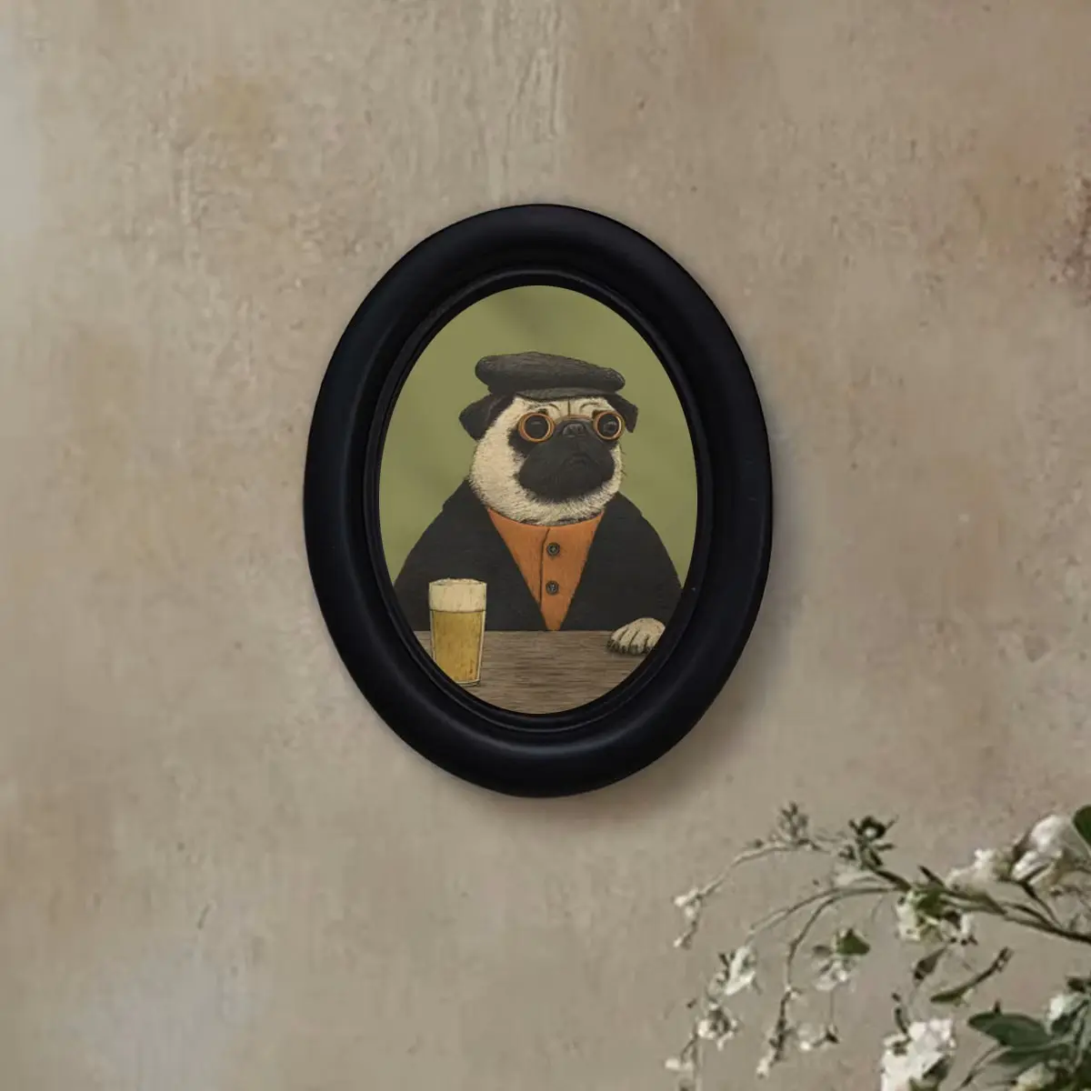 Vintage Dog Wall Decor, Unique Funny Animal Portrait, Artistic Fun Beer Theme Art Print, Art Work For Wall Decor, Retro Frame Oval Wall Decoration, Vintage Room Decor, Decoration Items, Perfect for Holidays