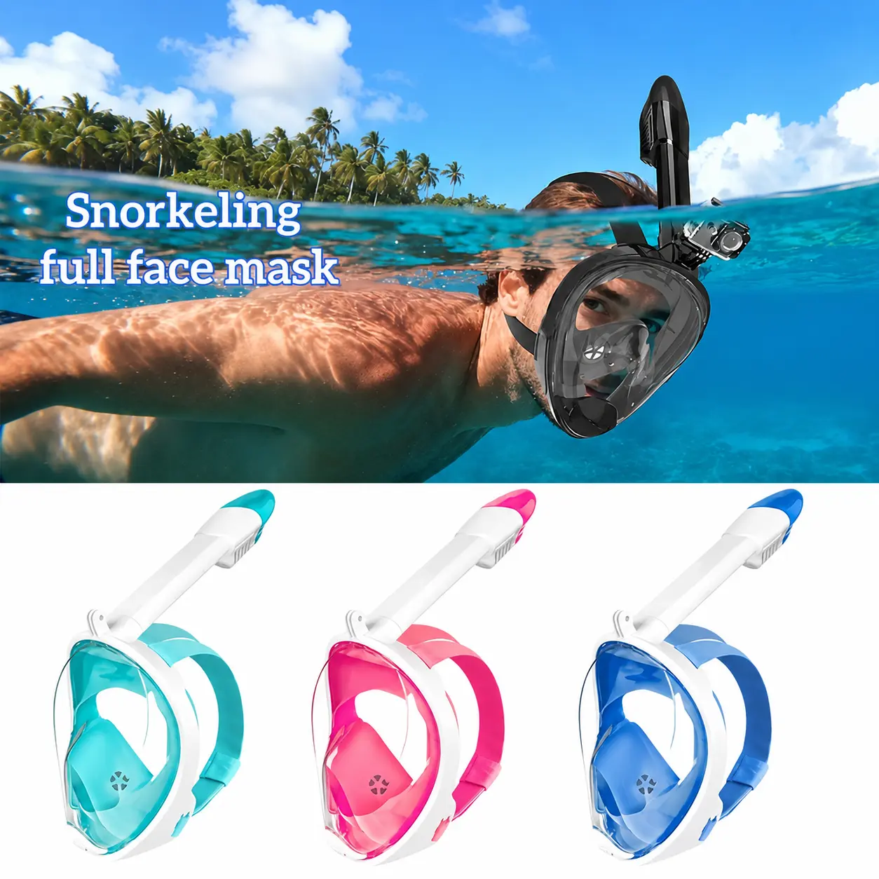 Full Face Snorkel Mask for Adults & Youth - 180° Panoramic View, Latest Dry Top Breathing System, Foldable Diving Mask with Camera Mount, Anti-Leak & Anti-Fog Design Snorkeling Gear