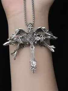 Silver Winged Cross Pendant Necklace, Gothic Vintage Style Jewelry with Intricate Engraved & Wing Detail, for Men & Women, Daily & Streetwear Occasions