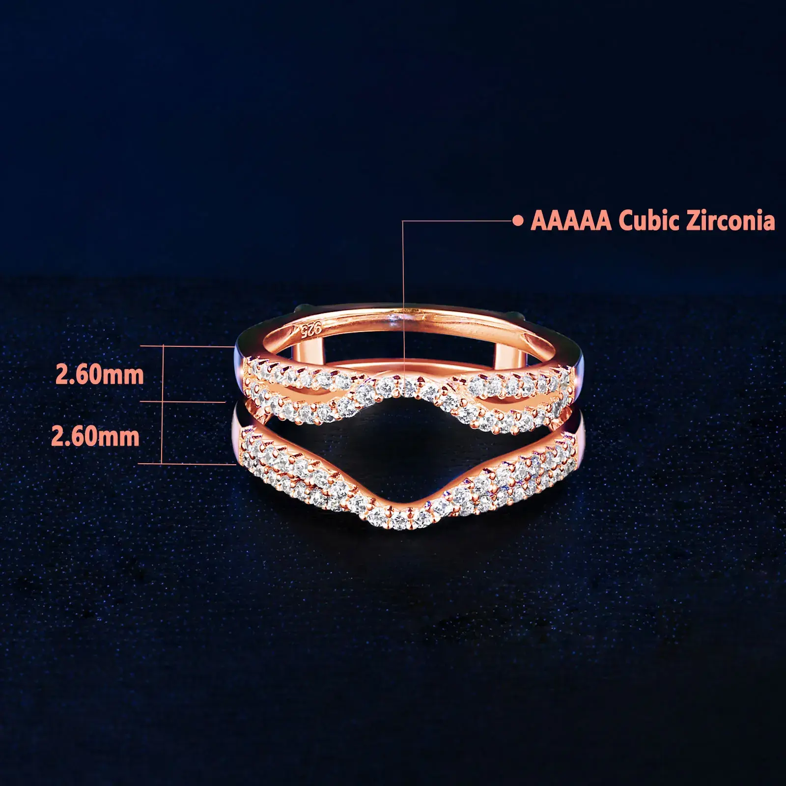 Female 925 Sterling Silver Wedding Band Enhancer - Prong Setting Infinity Wrap Ring Guard with Round AAAAA Zircon Stones, Yellow-Rose Gold Options, Yes for Wedding Bands, Cute, Romantic Infinity Wrap, 3.7G, Fine, Main Stone, Side Stone