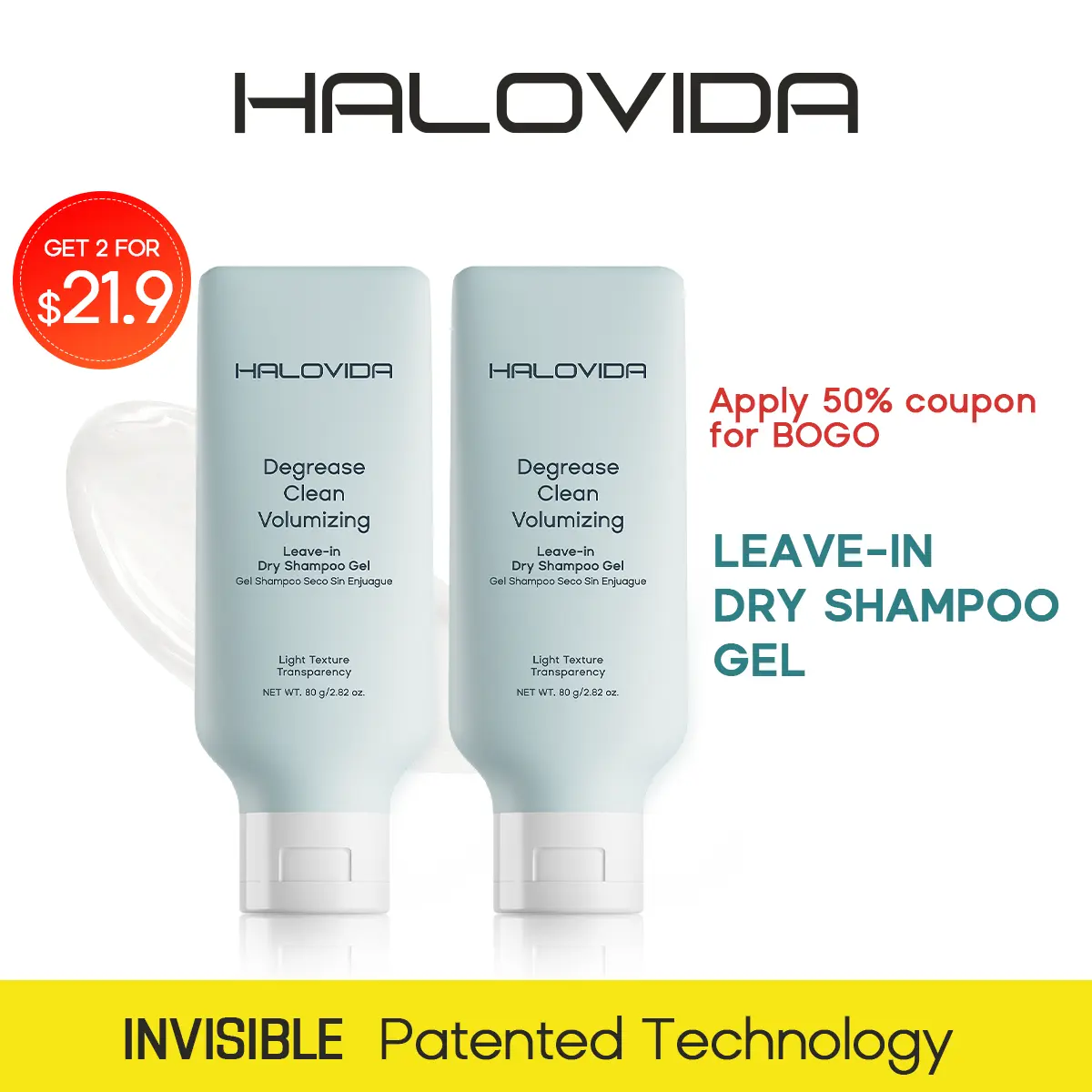 HALOVIDA Leave-in Light Hair Dry Shampoo Gel 2.28oz,No-Rinse Shampoo Gel,Instant Oil Absorption & Invisible Volume Boost,Long-Lasting Oil Control,Soothing & Comfort,Affordable,Pure,4D hyaluronic acid