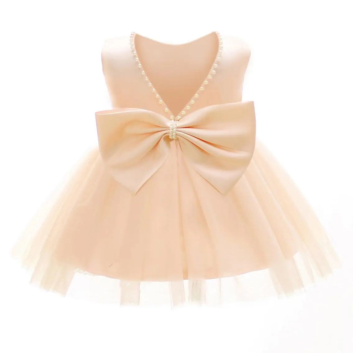Baby Girls Wedding Baby Flower Girl Dress Pearls Tulle Dress Bowknot V Back Gown Pageant Party Birthday Formal Princess Dresses Infant Frocks Baby Clothing