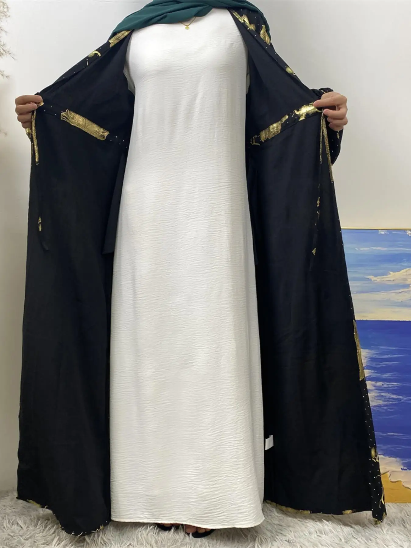 Women's Floral Stamping Drawstring Abaya, Modest Long Sleeve Tie Front Abaya for Daily Wear, Ladies Islamic Clothing for All Seasons