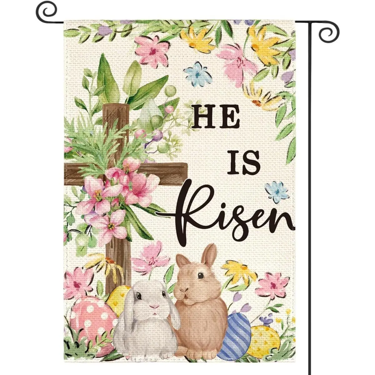 He Is Risen Easter Garden Flag 12x18in, Double-Sided Christian Cross Bunny Yard Decor, Watercolor Floral Religious Easter Outdoor Banner for Patio Porch