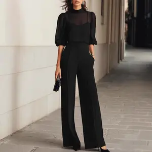Womens New Summer Figure-flattering Printed Short-sleeve Wide-leg Pants Three-piece Set