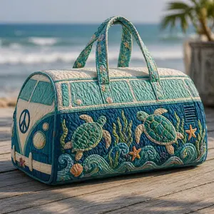 Women’s Sea Turtle Quilted Weekender Bag, Coastal Beach Travel Duffel, Large Capacity Carry On Overnight Tote with Ocean Wave and Starfish Design for Vacation, Cruise, Road Trip, Beach Getaway
