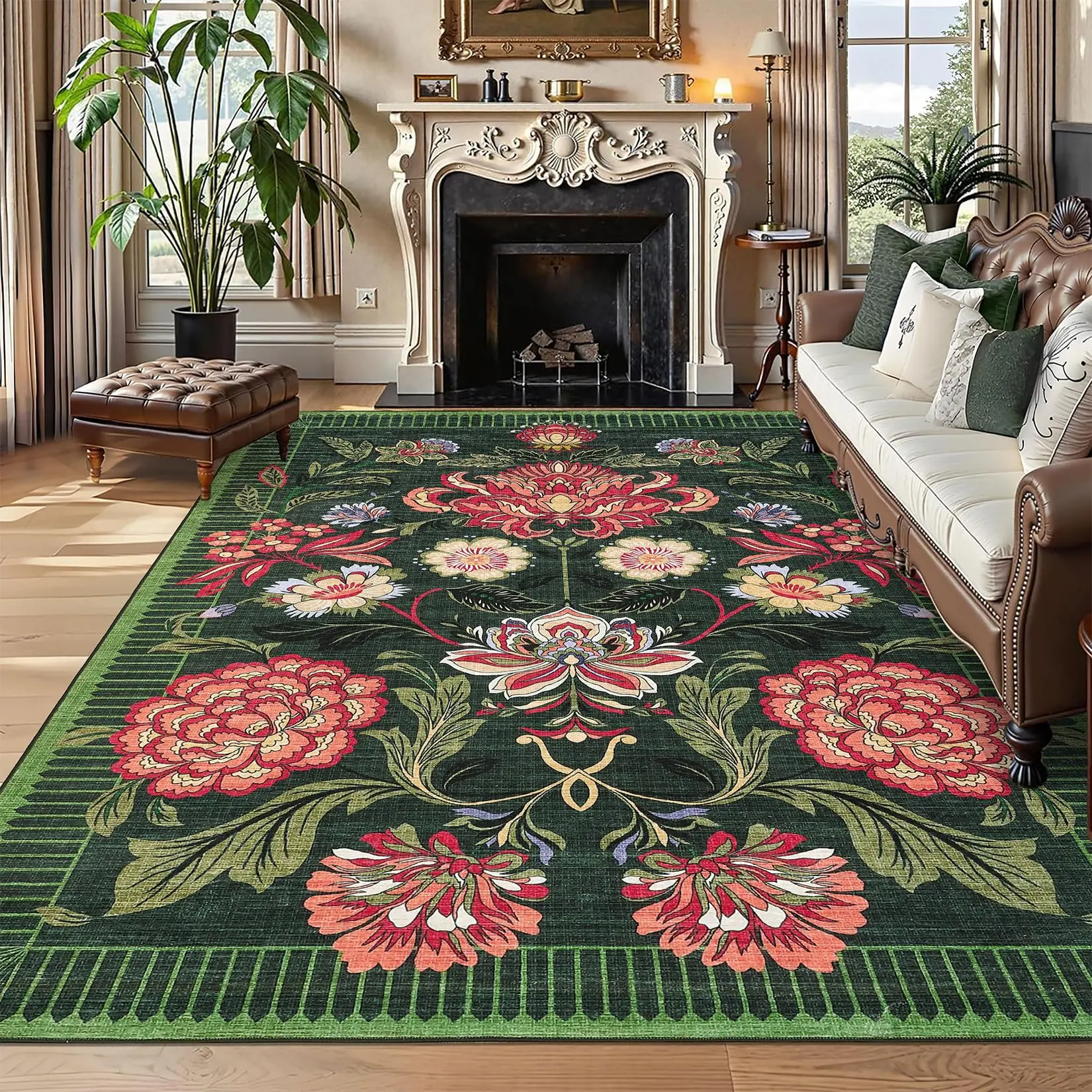 GARVEE Green Indoor Washable Low Pile Area Rugs Modern Printed Room Decor Carpet For Living Room Bedroom Easy Care Soft Non Slip Rug 10x13ft